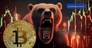 A bear with mouth wide open, bitcoin next to it. And with a crypto bullish background