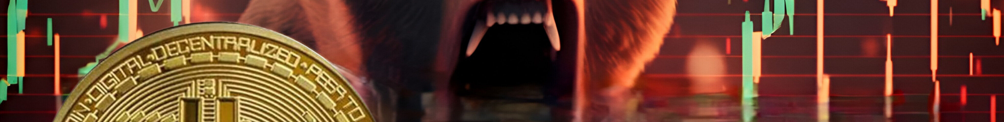 A bear with mouth wide open, bitcoin next to it. And with a crypto bullish background